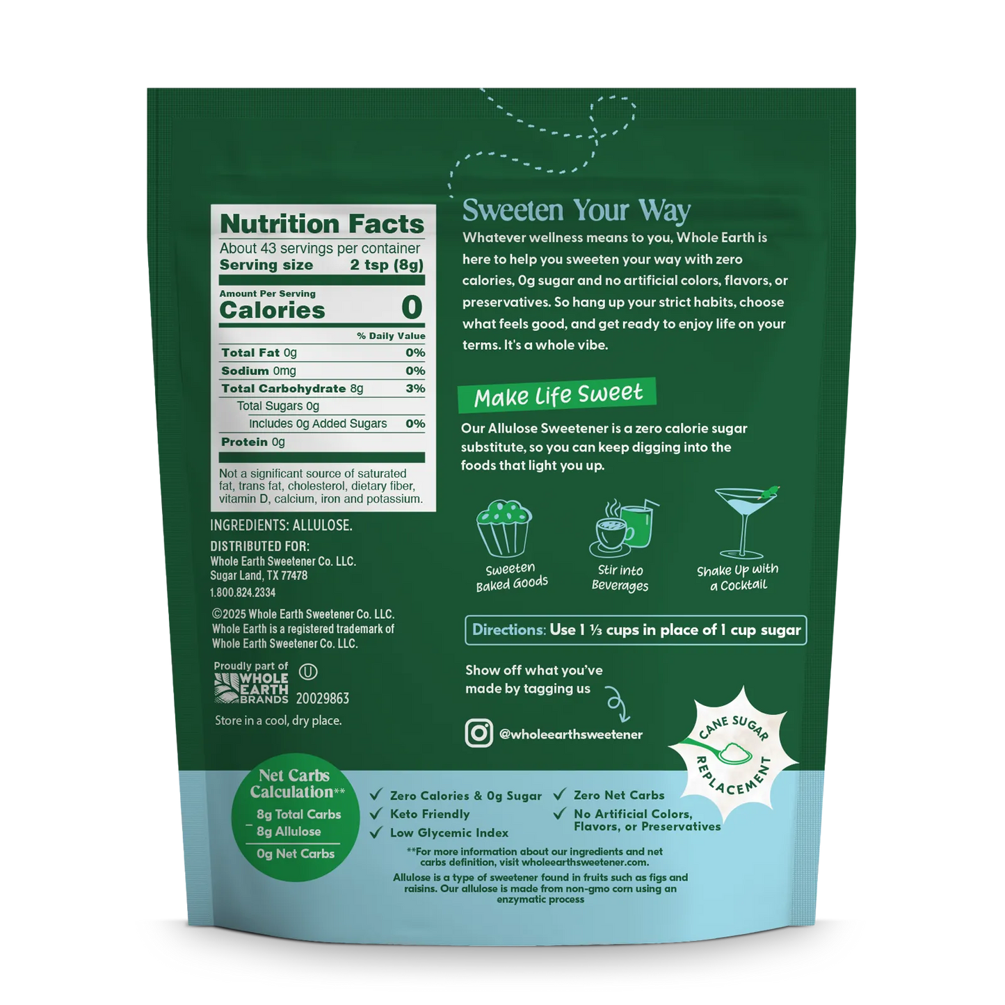 Whole Earth Granulated Allulose 12 oz Back Panel