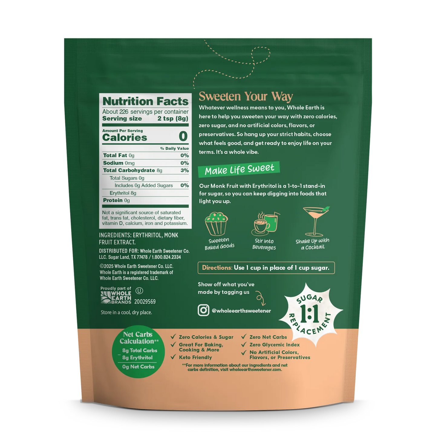 Whole Earth Monk Fruit Sweetener 4lb bag back label