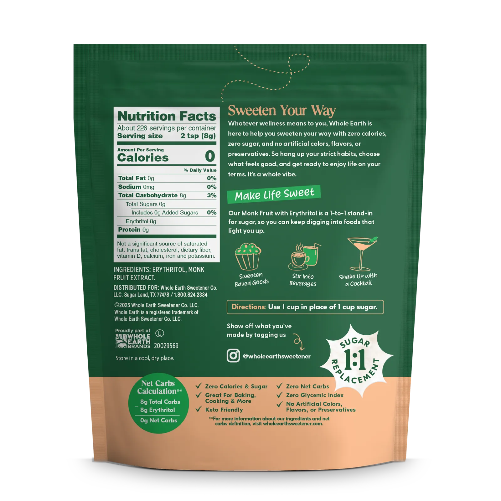 Whole Earth Monk Fruit Sweetener 4lb bag back label