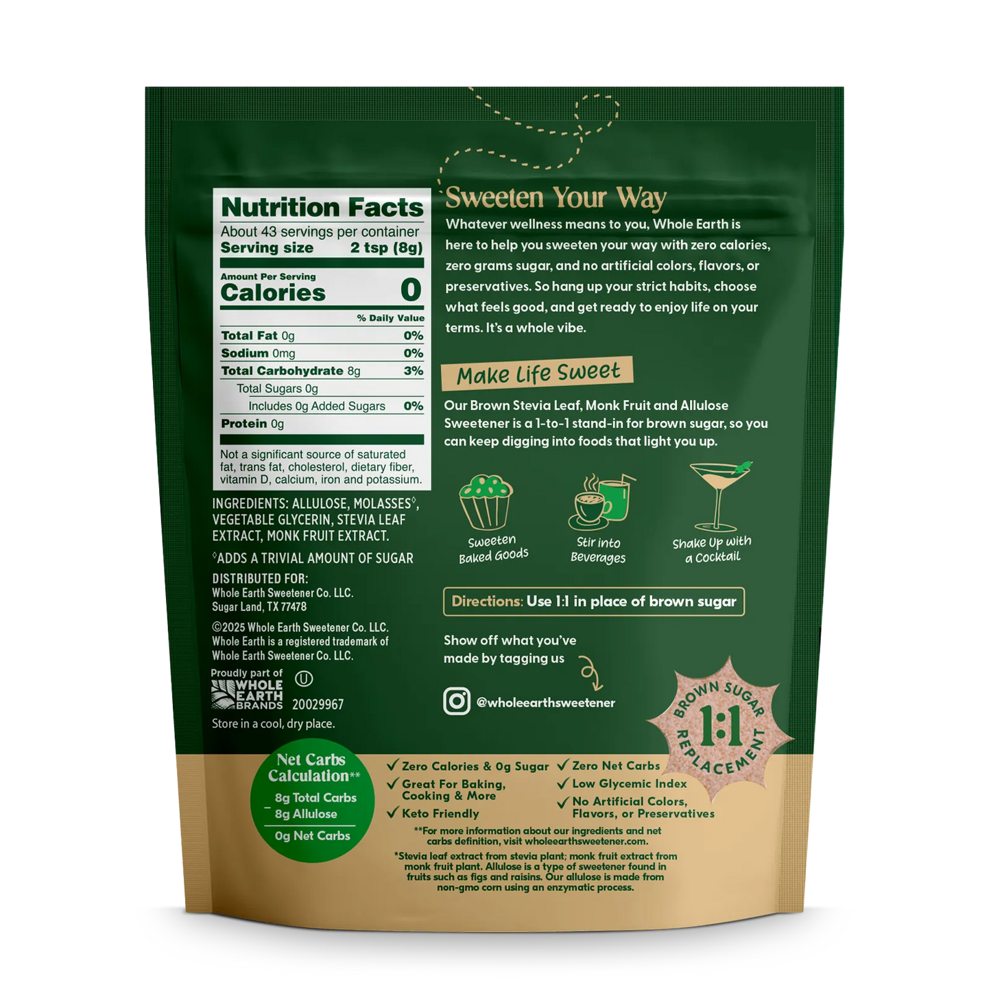 Whole Earth Brown Stevia Leaf, Monk Fruit and Allulose Blend package Back panel