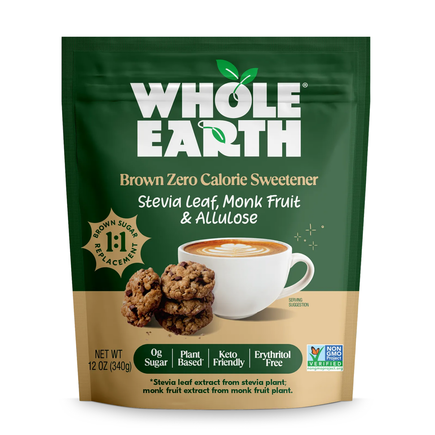 Whole Earth Brown Stevia Leaf, Monk Fruit and Allulose Blend package Front panel