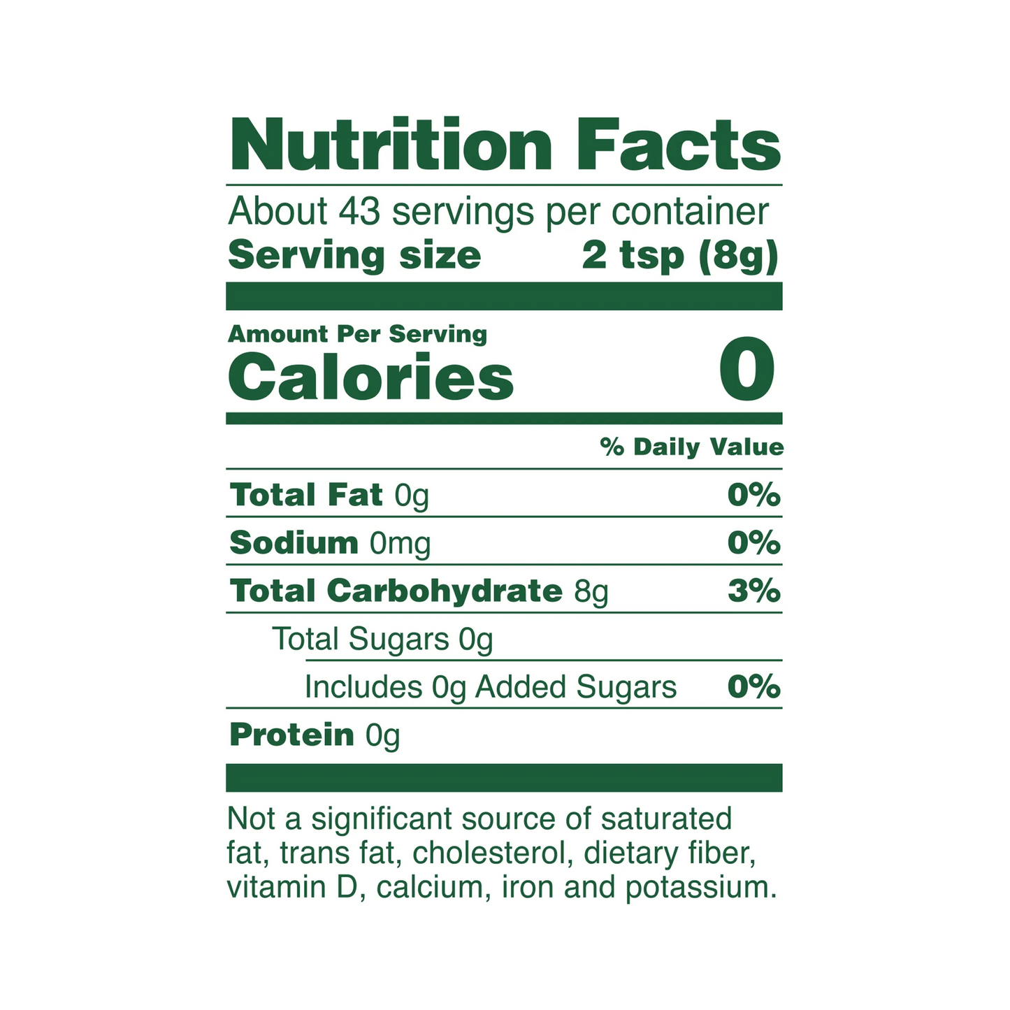 Whole Earth Brown Stevia Leaf, Monk Fruit and Allulose Blend Nutrition facts label. Serving size of 2 tsp and 43 servings per container.