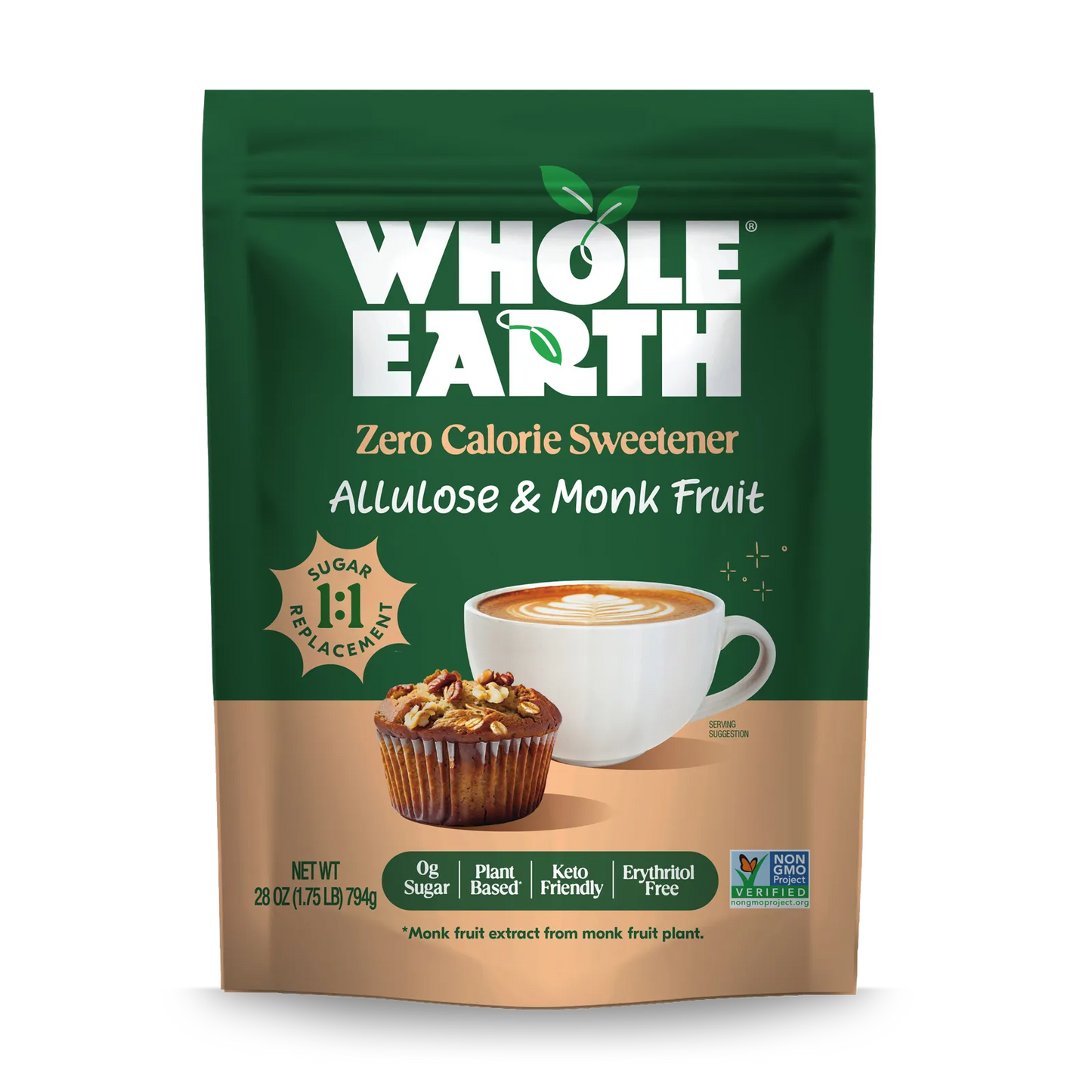 Whole Earth Allulose & Monk Fruit - 28oz Front panel