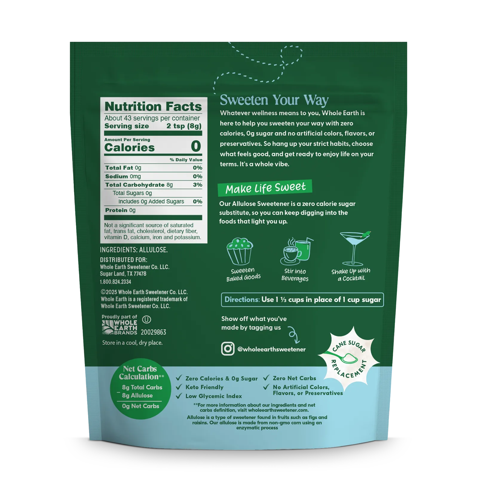 Whole Earth Granulated Allulose 12 oz Back Panel