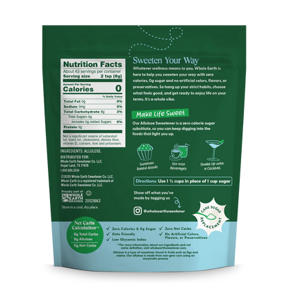 Whole Earth Granulated Allulose 12 oz Back Panel