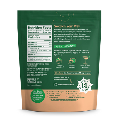Whole Earth Monk Fruit Sweetener 4lb bag back label