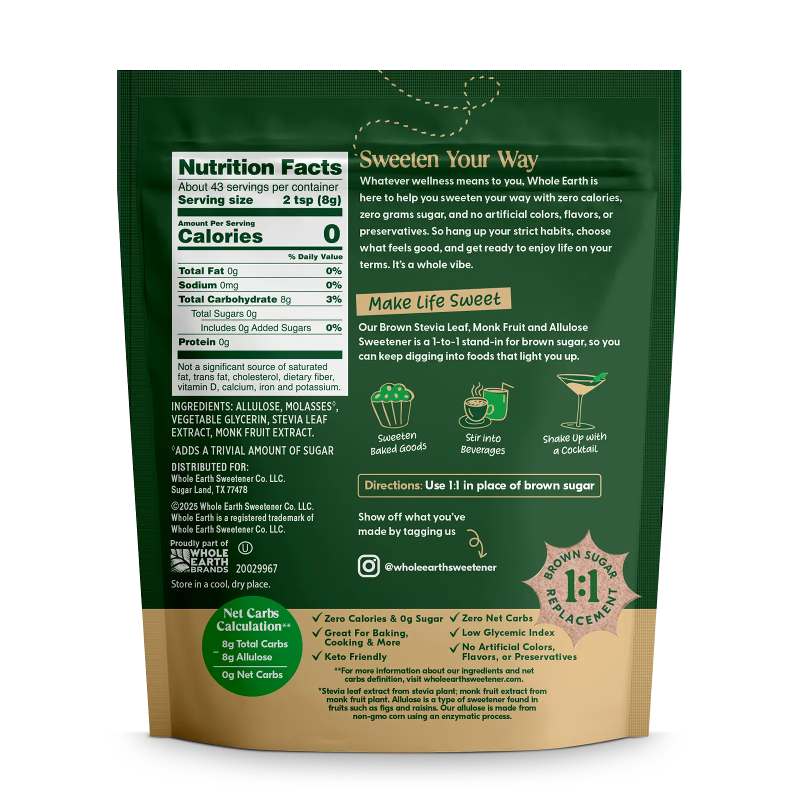 Whole Earth Brown Stevia Leaf, Monk Fruit and Allulose Blend package Back panel