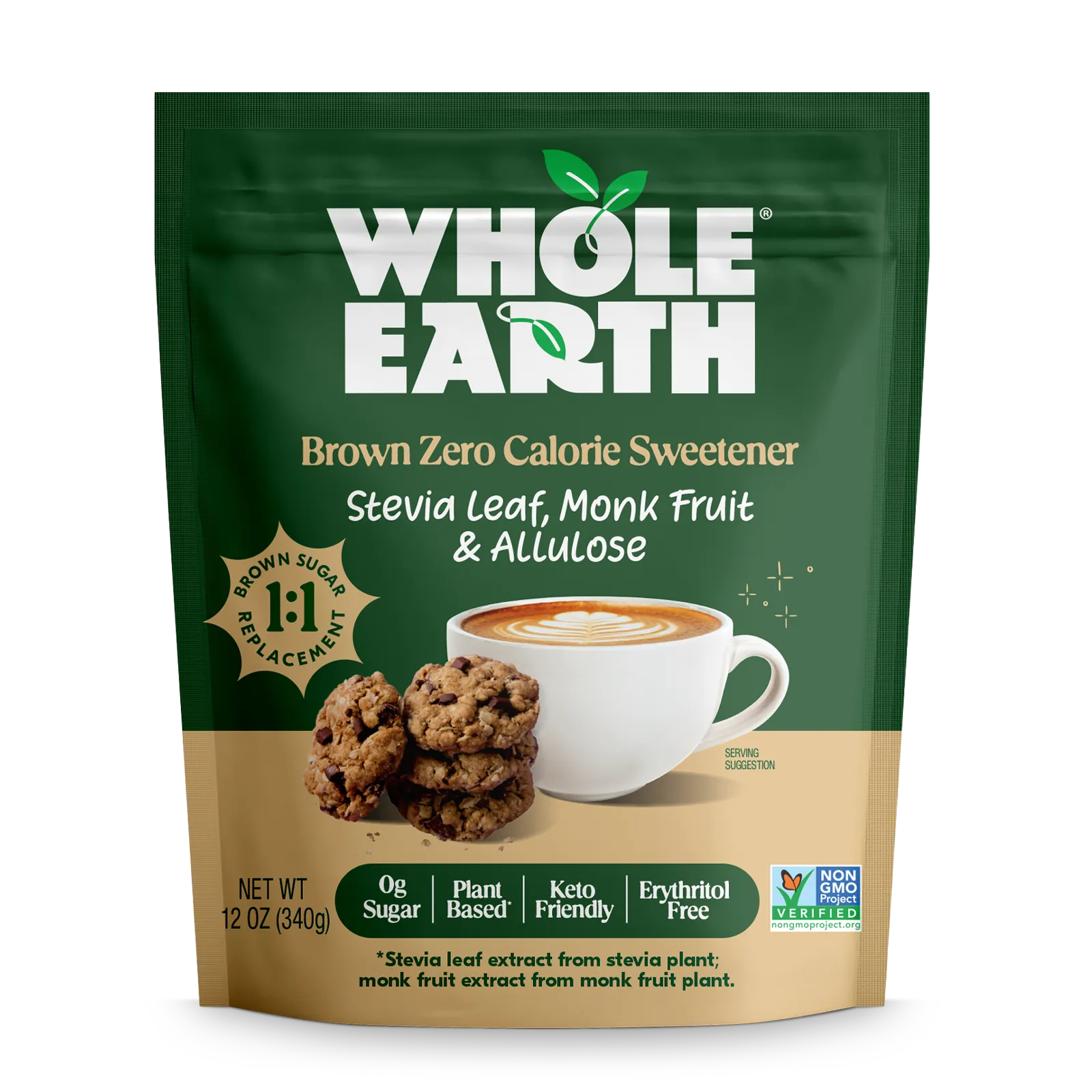 Whole Earth Brown Stevia Leaf, Monk Fruit and Allulose Blend package Front panel