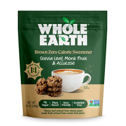 Whole Earth Brown Stevia Leaf, Monk Fruit and Allulose Blend package Front panel