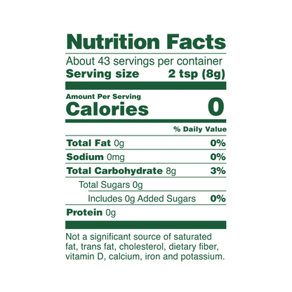 Whole Earth Brown Stevia Leaf, Monk Fruit and Allulose Blend Nutrition facts label. Serving size of 2 tsp and 43 servings per container.