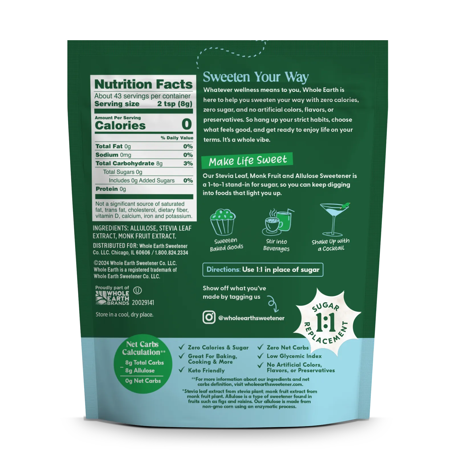 Whole Earth Allulose 12oz Back of pack