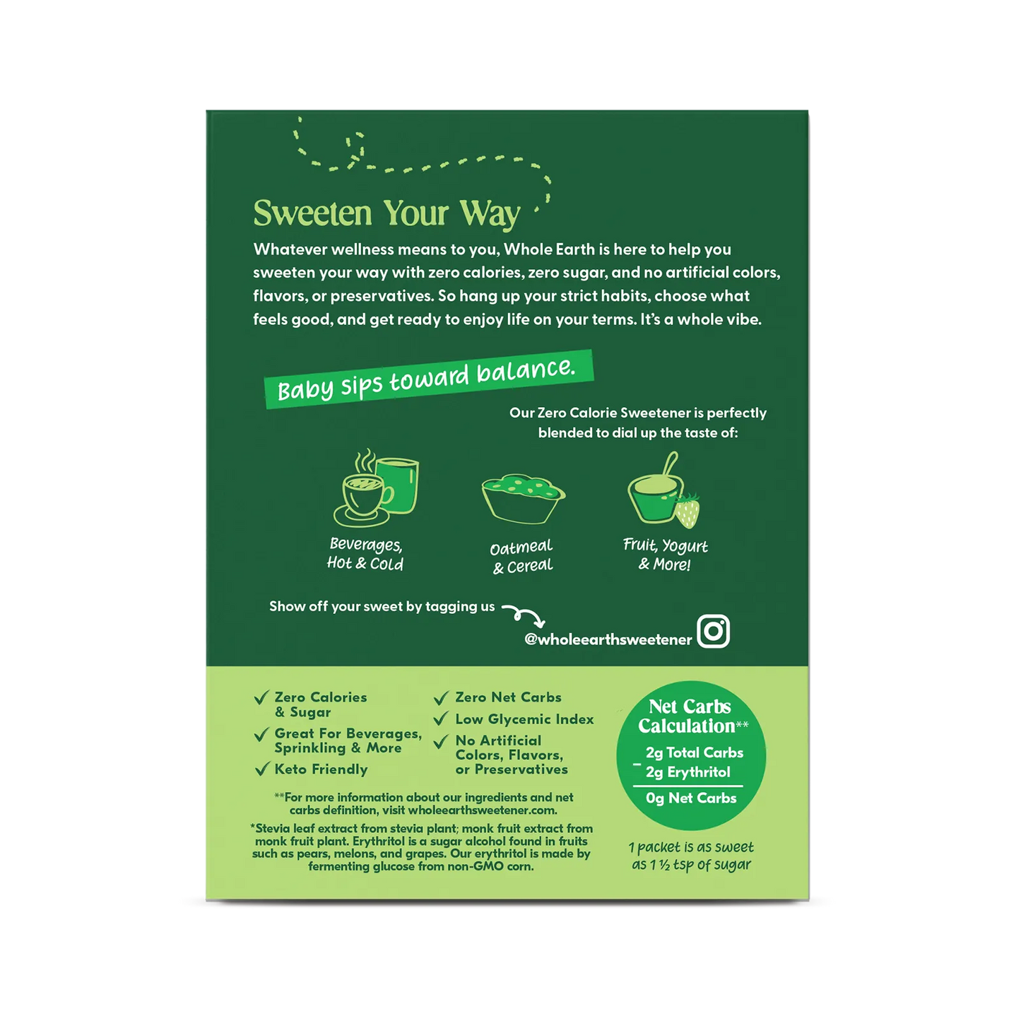 Whole Earth Stevia & Monk Fruit Sweetener - 40 Packets - Back of Box