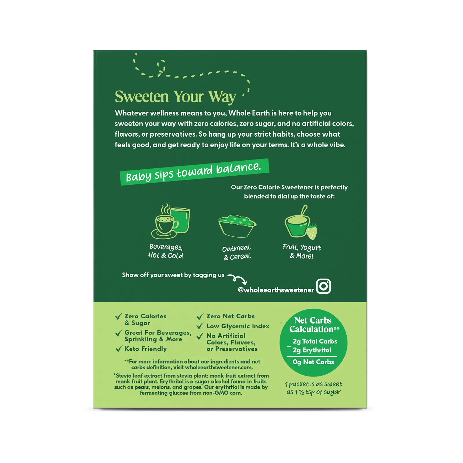 Whole Earth Stevia & Monk Fruit Sweetener - 40 Packets - Back of Box