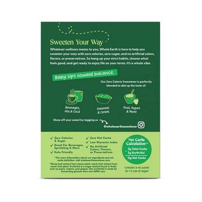 Whole Earth Stevia & Monk Fruit Sweetener - 40 Packets - Back of Box